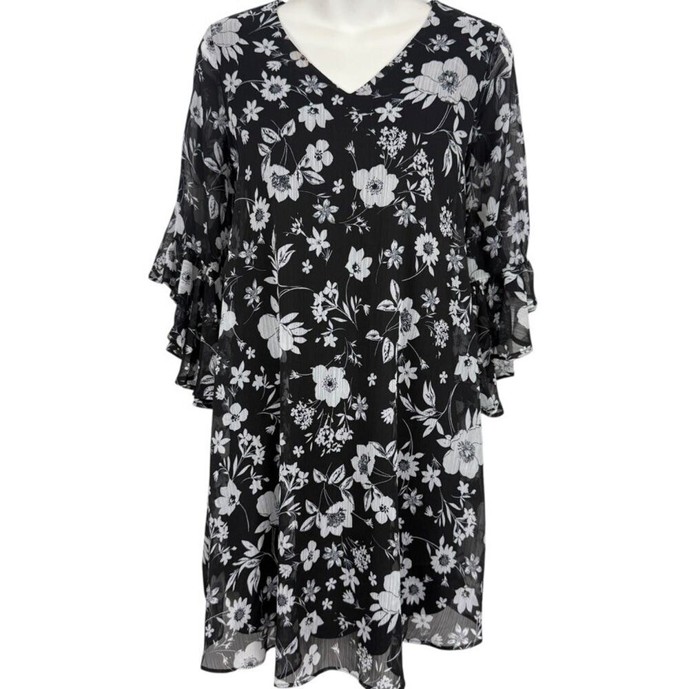 Calvin Klein Womens Black White Floral Flare Bell Sleeve NWT Dress sz 4P Petite